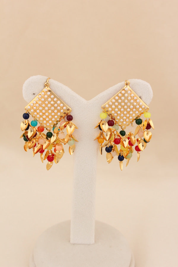 Square Shape Punjabi Jadau Earring With Multi Colour Beads Attached (PJE001)