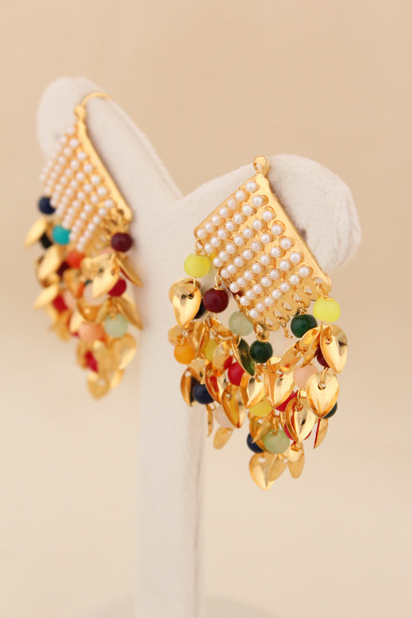Square Shape Punjabi Jadau Earring With Multi Colour Beads Attached (PJE001)