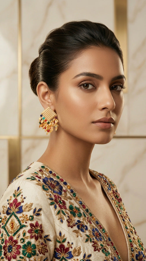 Square Shape Punjabi Jadau Earring With Multi Colour Beads Attached (PJE001)