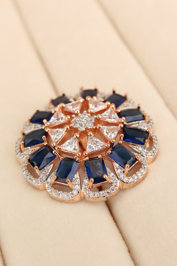 Statement Adjustable American Diamond Ring With Flower Design And Blue Stones (ADR002-B)