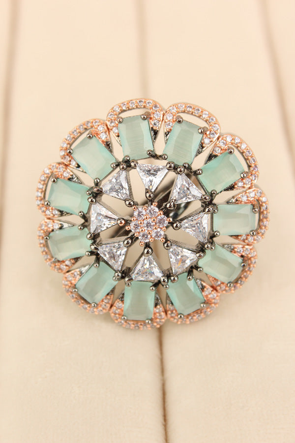 Statement Adjustable American Diamond Ring With Flower Design And Mint Green Stones (ADR002-BMG)