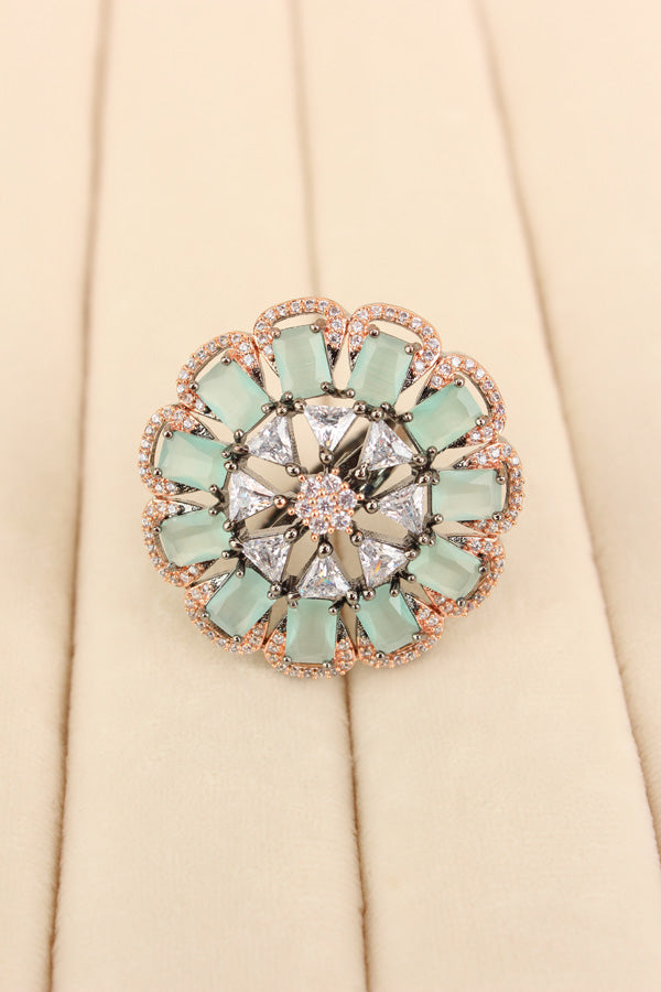 Statement Adjustable American Diamond Ring With Flower Design And Mint Green Stones (ADR002-BMG)
