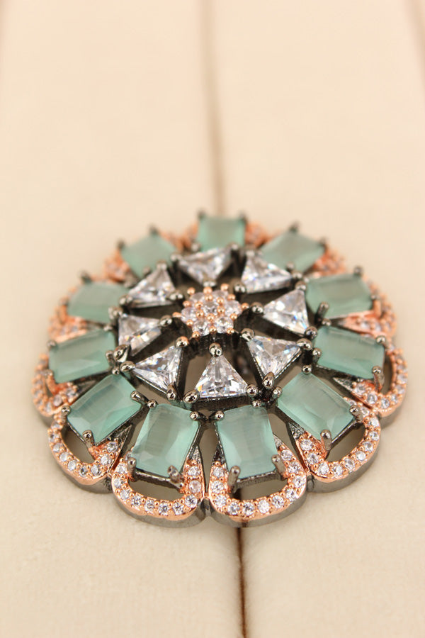 Statement Adjustable American Diamond Ring With Flower Design And Mint Green Stones (ADR002-BMG)