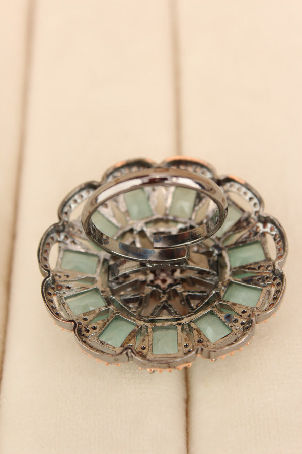 Statement Adjustable American Diamond Ring With Flower Design And Mint Green Stones (ADR002-BMG)