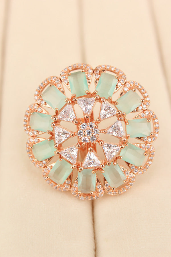 Statement Adjustable American Diamond Ring With Flower Design And Mint Green Stones (ADR002-MG)