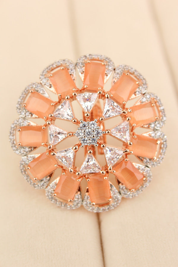 Statement Adjustable American Diamond Ring With Flower Design And Peach Stones (ADR002-PE)