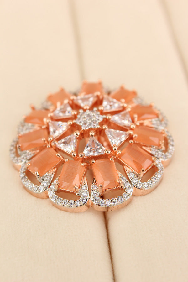 Statement Adjustable American Diamond Ring With Flower Design And Peach Stones (ADR002-PE)
