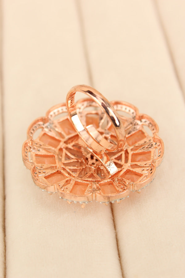 Statement Adjustable American Diamond Ring With Flower Design And Peach Stones (ADR002-PE)