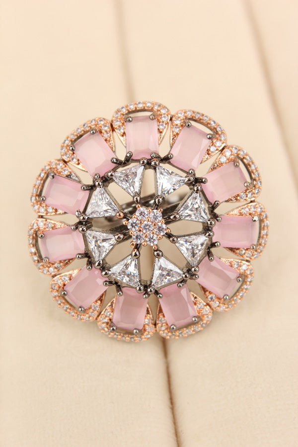 Statement Adjustable American Diamond Ring With Flower Design And Pink Stones (ADR002-BP)