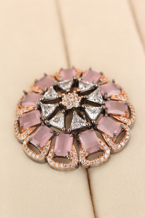 Statement Adjustable American Diamond Ring With Flower Design And Pink Stones (ADR002-BP)