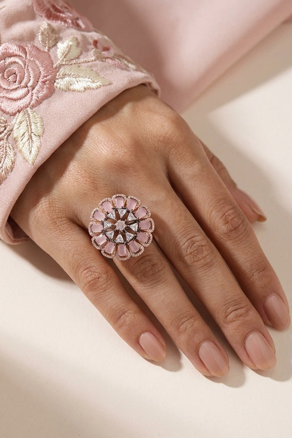 Statement Adjustable American Diamond Ring With Flower Design And Pink Stones (ADR002-BP)
