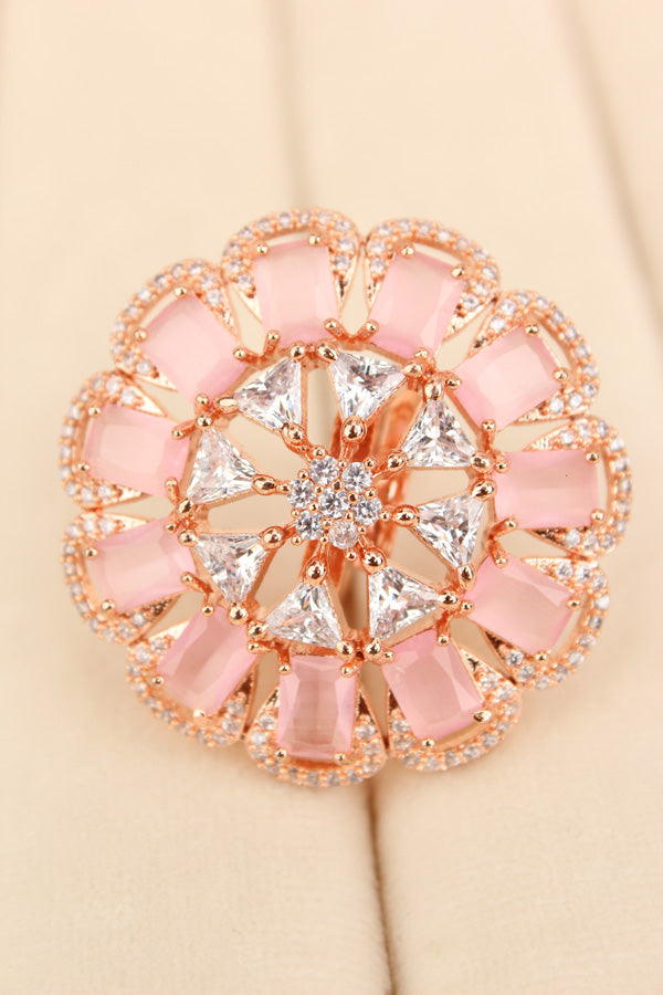 Statement Adjustable American Diamond Ring With Flower Design And Pink Stones (ADR002-P)