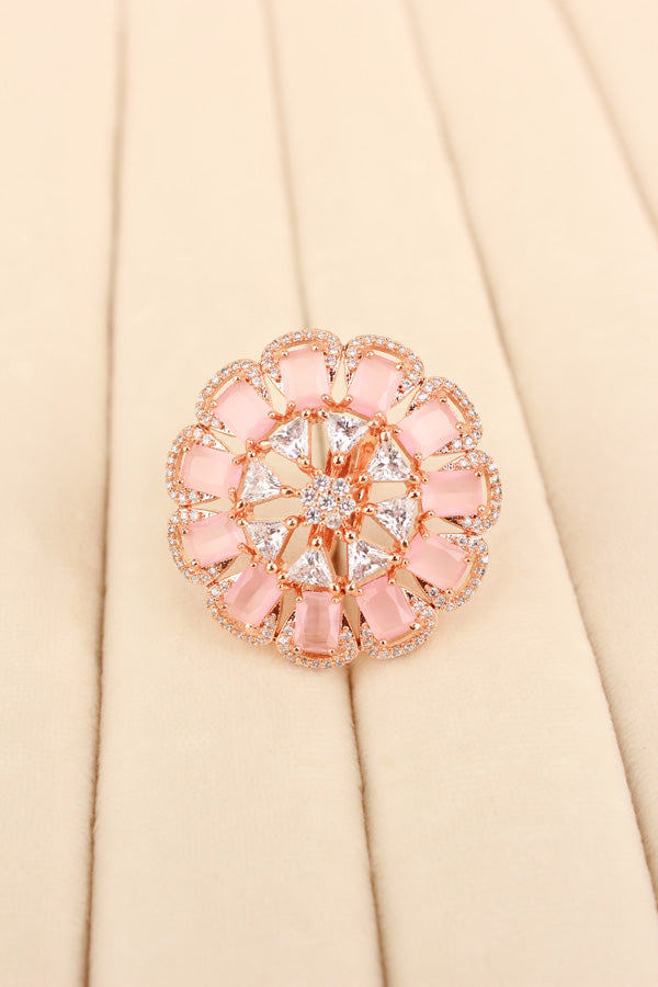 Statement Adjustable American Diamond Ring With Flower Design And Pink Stones (ADR002-P)