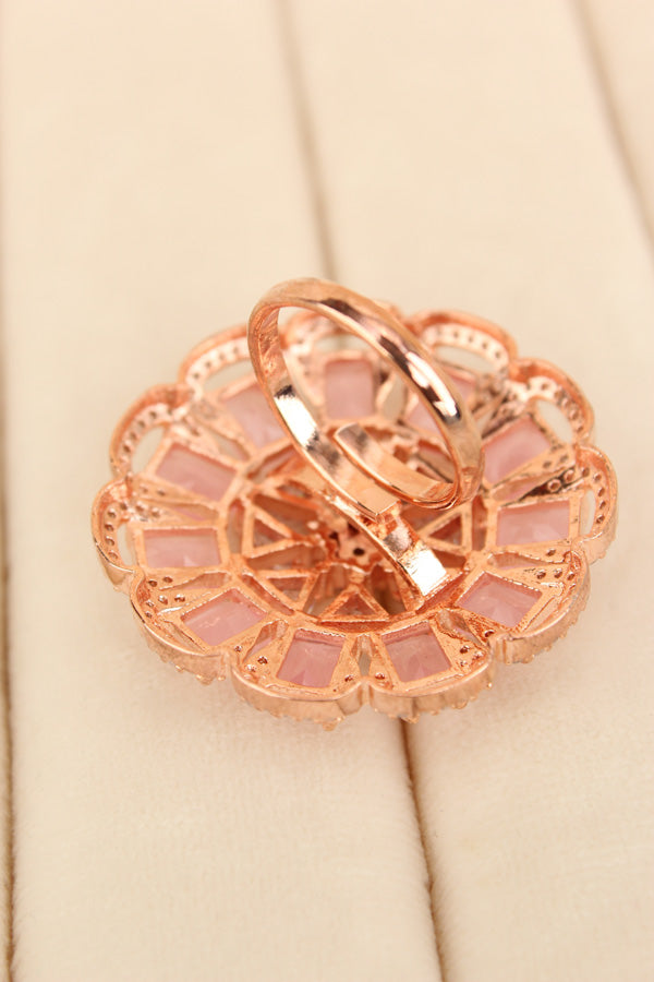 Statement Adjustable American Diamond Ring With Flower Design And Pink Stones (ADR002-P)