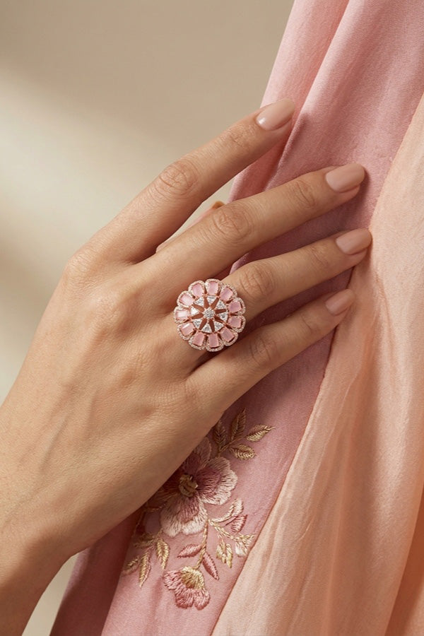 Statement Adjustable American Diamond Ring With Flower Design And Pink Stones (ADR002-P)