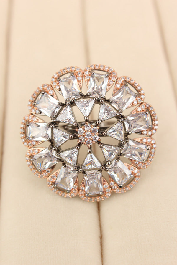 Statement Adjustable American Diamond Ring With Flower Design And Silver Stones (ADR002-S)