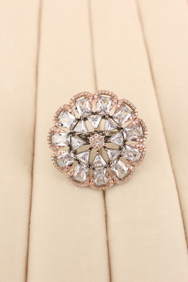 Statement Adjustable American Diamond Ring With Flower Design And Silver Stones (ADR002-S)