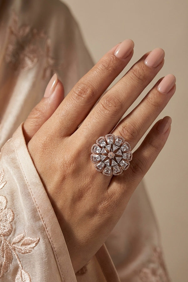 Statement Adjustable American Diamond Ring With Flower Design And Silver Stones (ADR002-S)