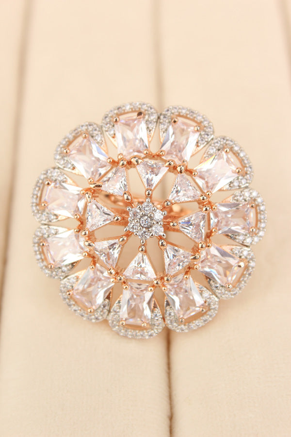 Statement Adjustable American Diamond Ring With Flower Design And White Stones (ADR002-W)