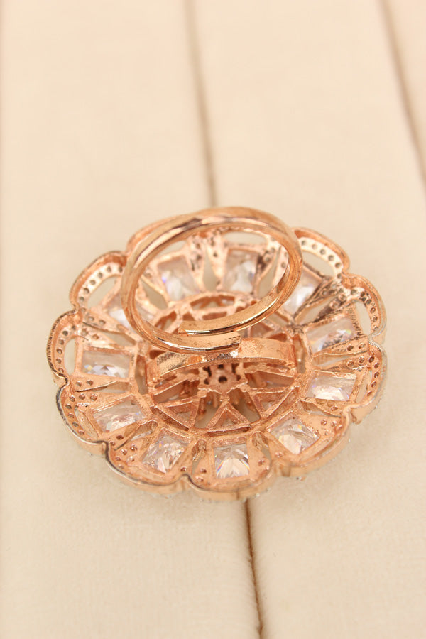 Statement Adjustable American Diamond Ring With Flower Design And White Stones (ADR002-W)