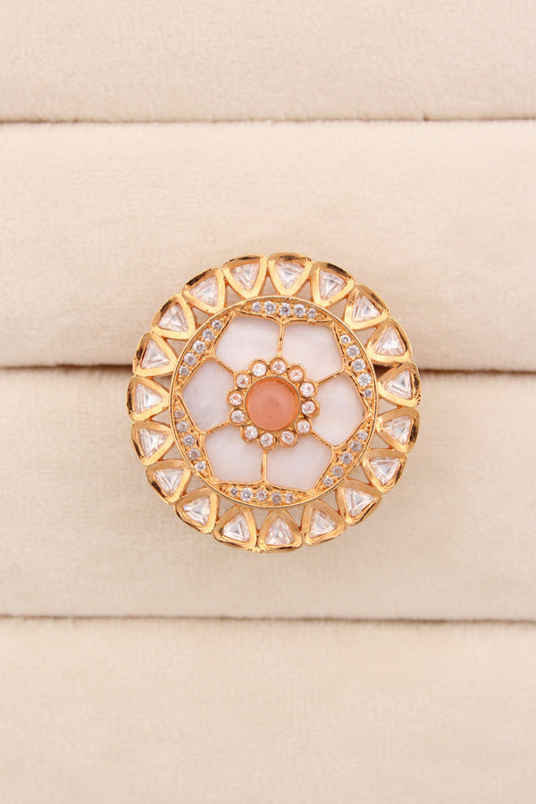 Statement Adjustable Kundan Ring With American Diamonds And Peach Center Stone (KR006-PE)