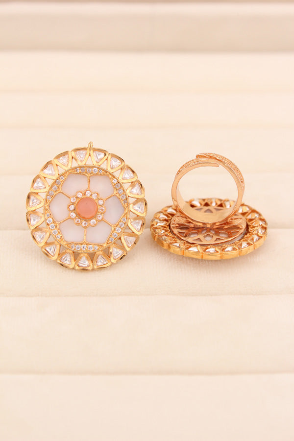 Statement Adjustable Kundan Ring With American Diamonds And Peach Center Stone (KR006-PE)