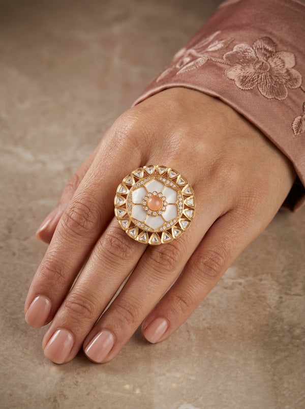 Statement Adjustable Kundan Ring With American Diamonds And Peach Center Stone (KR006-PE)