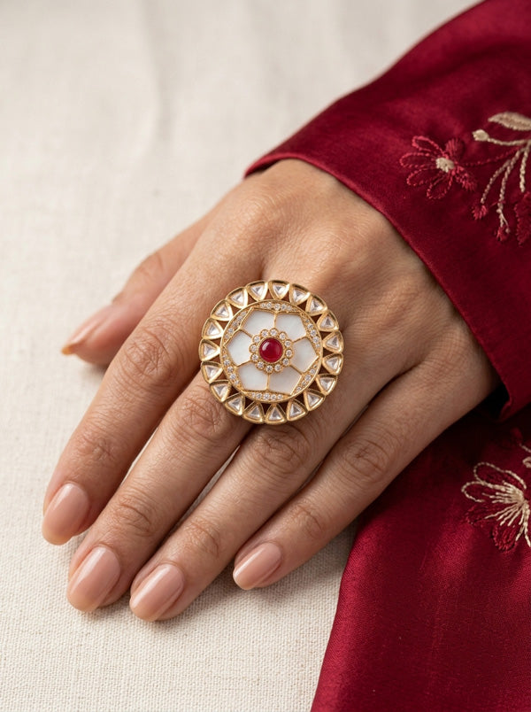 Statement Adjustable Kundan Ring With American Diamonds And Red Center Stone (KR006-R)