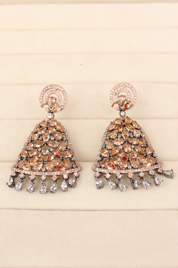 Statement Chandelier Earrings With American Diamonds Stones In Black Polish And Champagne Gold Colour Stones (ADE029-C)