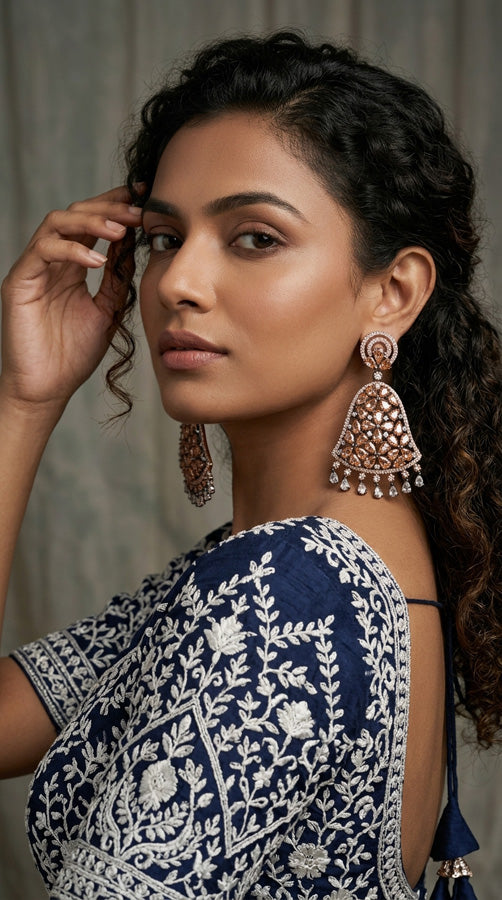 Statement Chandelier Earrings With American Diamonds Stones In Black Polish And Champagne Gold Colour Stones (ADE029-C)