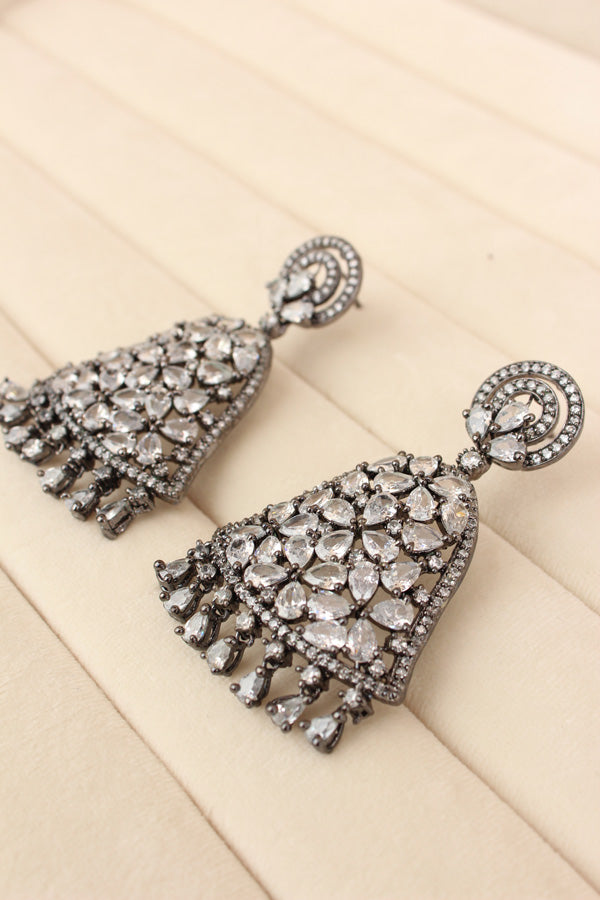 Statement Chandelier Earrings With American Diamonds Stones In Black Polish And White Colour Stones (ADE029-B)