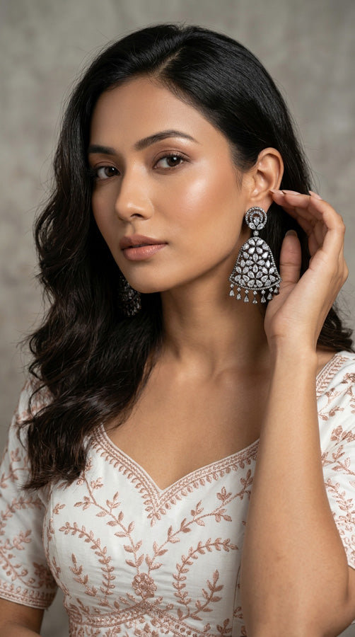 Statement Chandelier Earrings With American Diamonds Stones In Black Polish And White Colour Stones (ADE029-B)