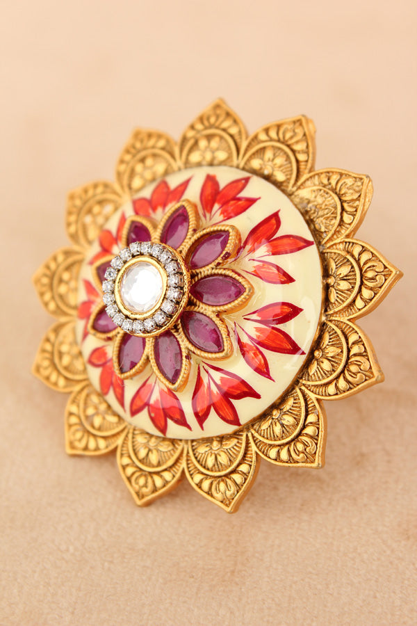 Statement Meenakari Adjustable Ring in Gold Plated And Center Stone (RF011)