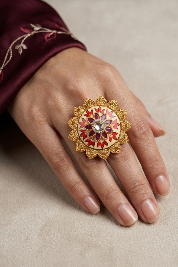 Statement Meenakari Adjustable Ring in Gold Plated And Center Stone (RF011)