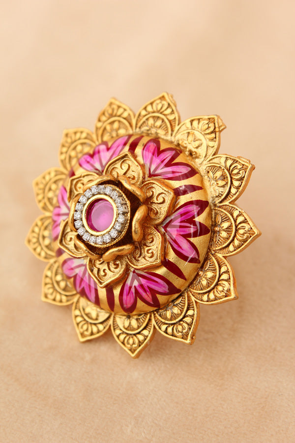 Sunflower Adjustable Ring With Meenakari Design And Center Design And Pink Stone (RF007-P)
