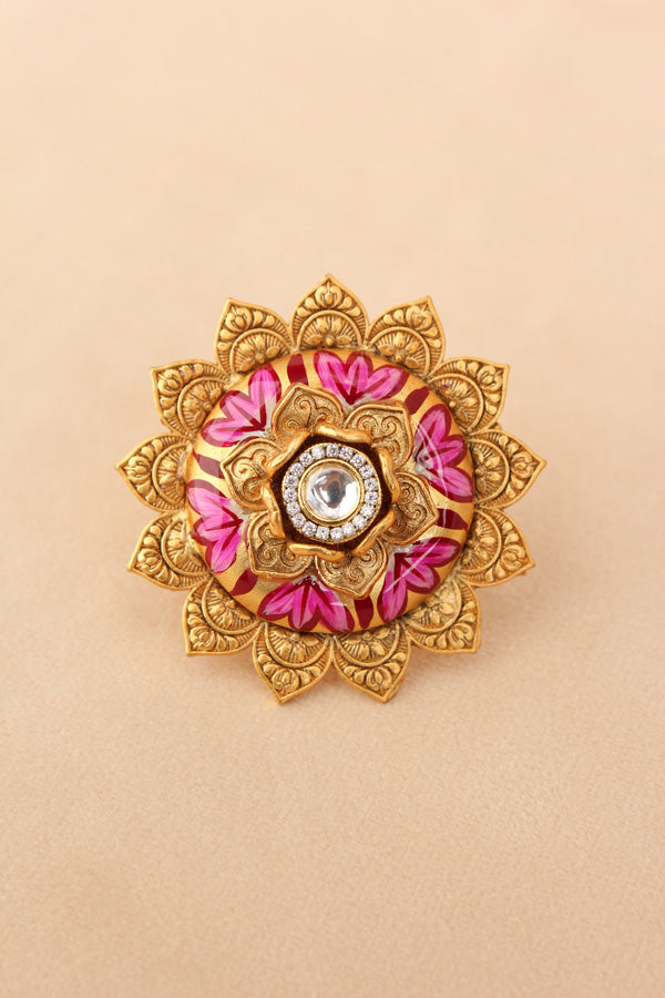 Sunflower Adjustable Ring With Meenakari Design And Center Design And White Stone (RF007-W)