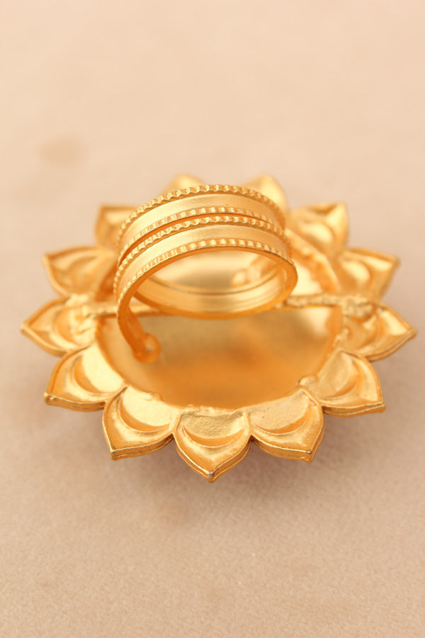 Sunflower Adjustable Ring With Meenakari Design And Center Design And White Stone (RF007-W)