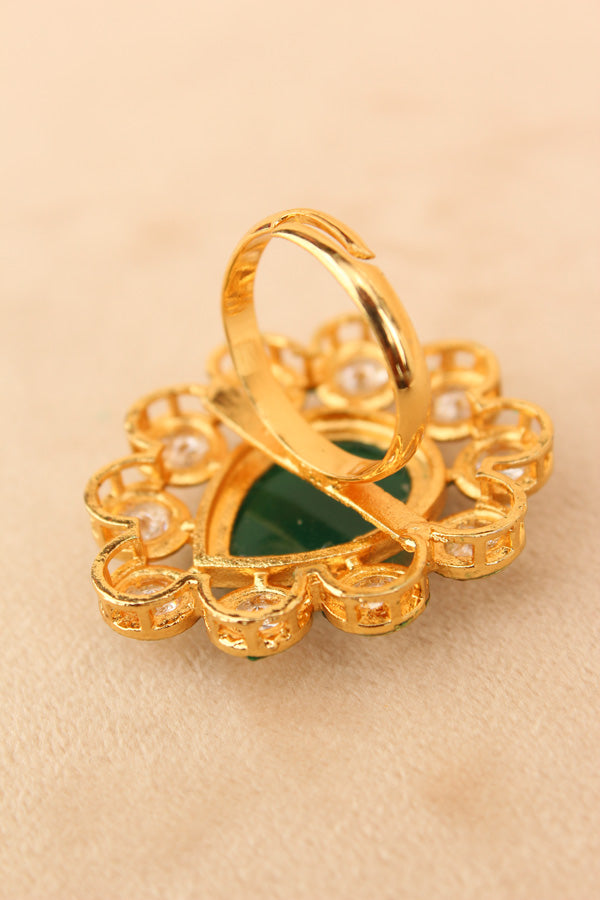 Teardrop Kundan Ring With Green Center Stone And Adjustable In Premium Quality (KR010)