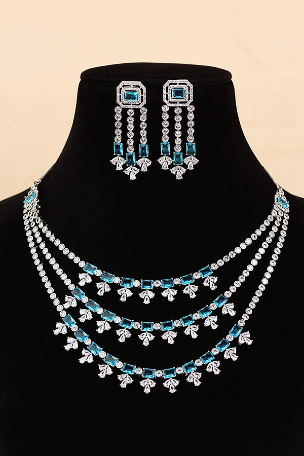 Large Pink Colour Stones American Diamond Necklace Set With Simple Earrings (NS008-AD-P)