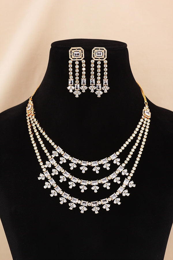 Large Peach Colour Stones American Diamond Necklace Set With Simple Earrings (NS008-AD-PE)