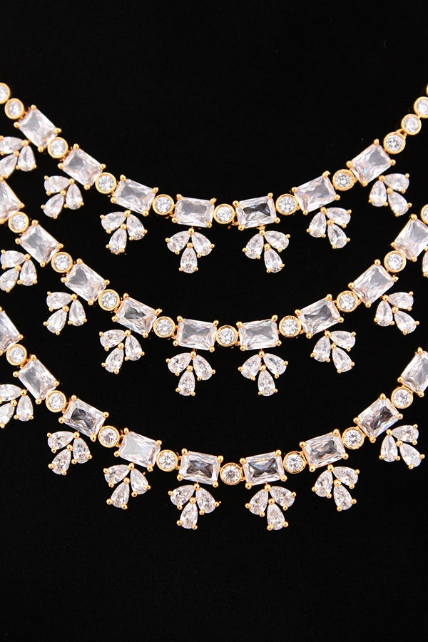 Large Peach Colour Stones American Diamond Necklace Set With Simple Earrings (NS008-AD-PE)