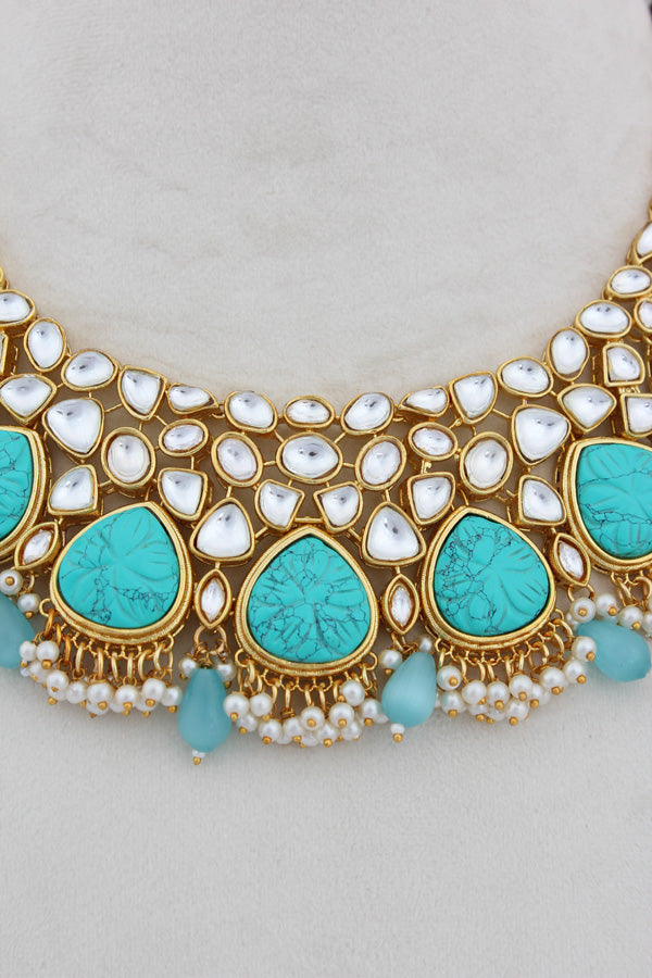 Turquoise Blue Kundan Necklace Set With Matching Earrings (IGNK008)