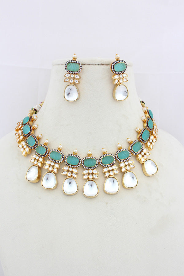 Turquoise Blue Necklace In Kundan With Earrings And Tikka (IGNK007)