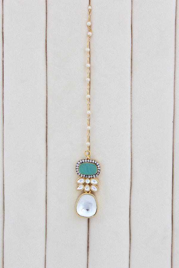 Turquoise Blue Necklace In Kundan With Earrings And Tikka (IGNK007)