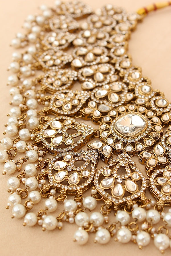 White Stone Bridal Necklace Set With White Pearls Attached (BS010-White)