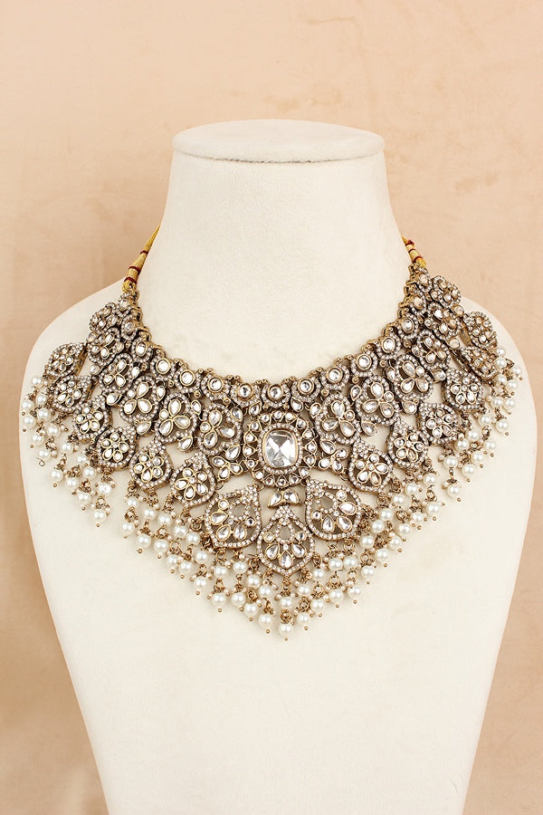 White Stone Bridal Necklace Set With White Pearls Attached (BS010-White)