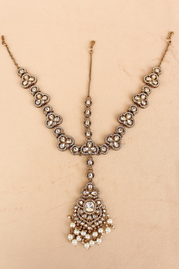 White Stone Bridal Necklace Set With White Pearls Attached (BS010-White)