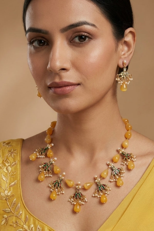Yellow Colour Cat Eye Pearls With A Shiny Finish And Kundan Look Pendants Attached (MA007-Y)