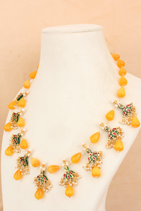 Yellow Colour Cat Eye Pearls With A Shiny Finish And Kundan Look Pendants Attached (MA007-Y)