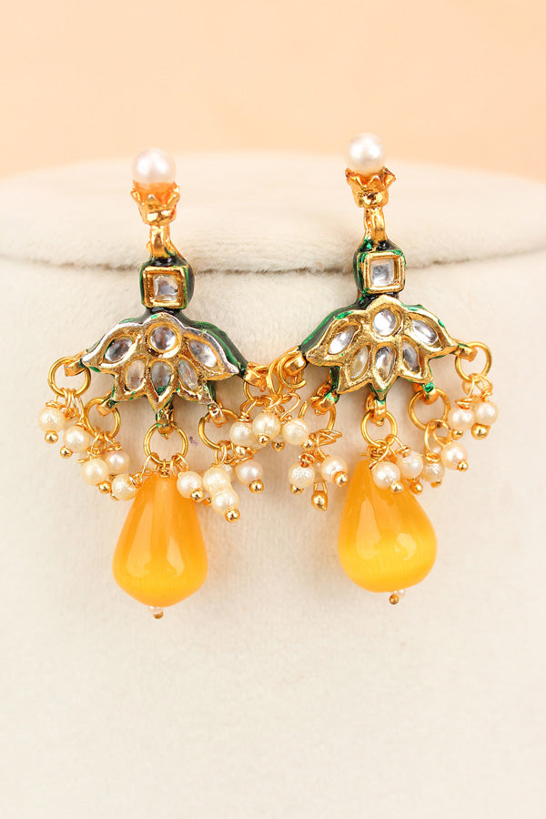 Yellow Colour Cat Eye Pearls With A Shiny Finish And Kundan Look Pendants Attached (MA007-Y)